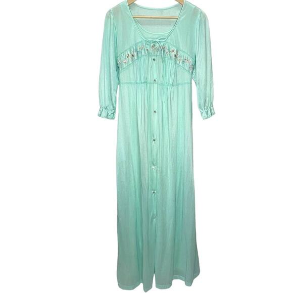 Vintage Texsheen Peignoir Nightgown Set Teal Blue Size M Shiny Long Floral 60/70 - Picture 1 of 14